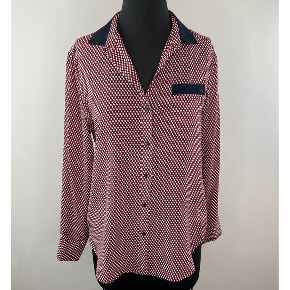 THEORY Rogene 100% Silk Red White Blue Geometric Print Button-Up Blouse Shirt S - Picture 1 of 7